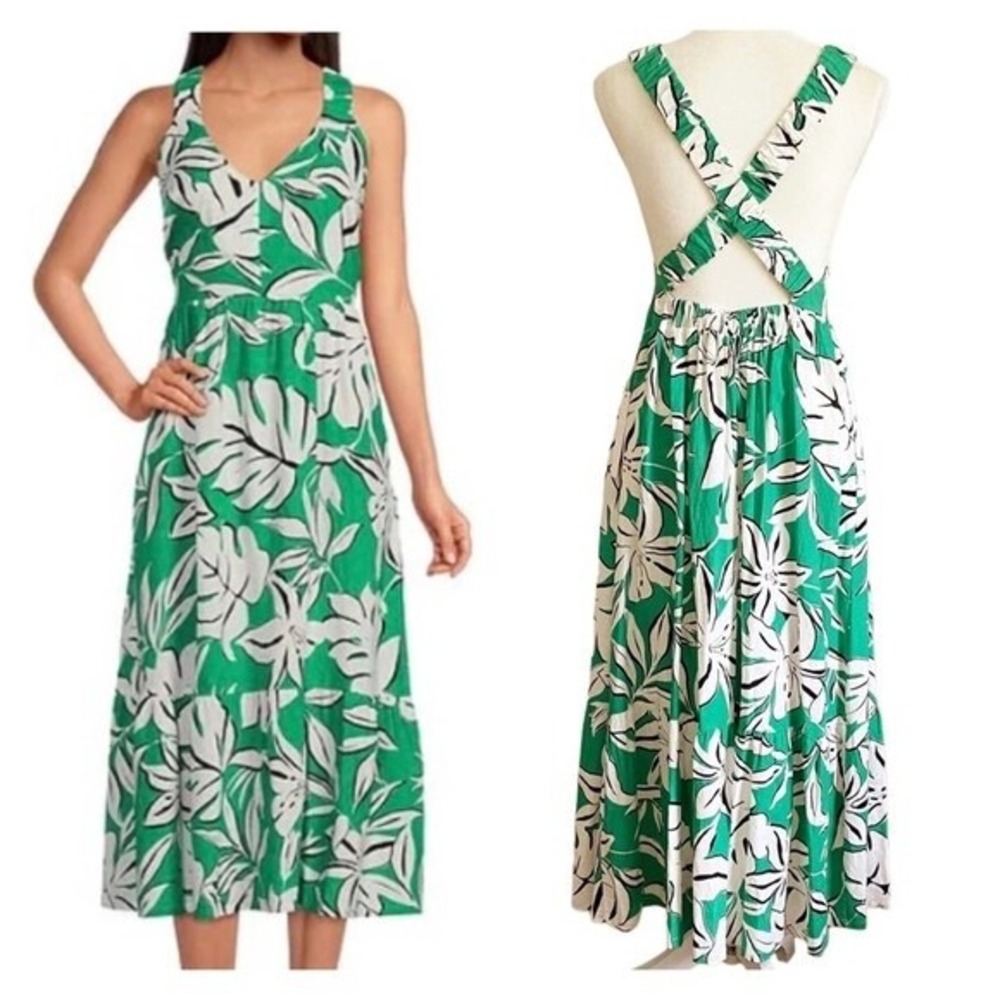 EVERY Midi Dress Linen Blend Button Down‎ Sleeveless Criss Cross Back M Beachy
